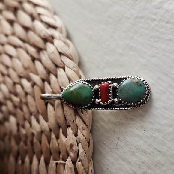 Native American Navajo Handmade Triple Stone Turquoise & Coral Pendant π©΅β₯οΈπ - Picture 7 of 11